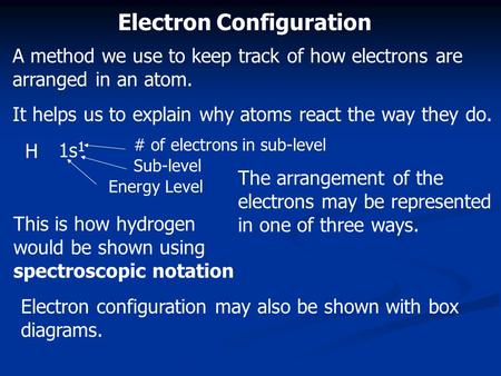 Electron Configuration A method we use to keep track of how electrons are arranged in an atom. It helps us to explain why atoms react the way they do.