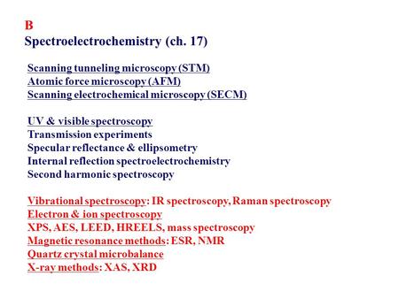 Scanning tunneling microscopy (STM) Atomic force microscopy (AFM) Scanning electrochemical microscopy (SECM) UV & visible spectroscopy Transmission experiments.