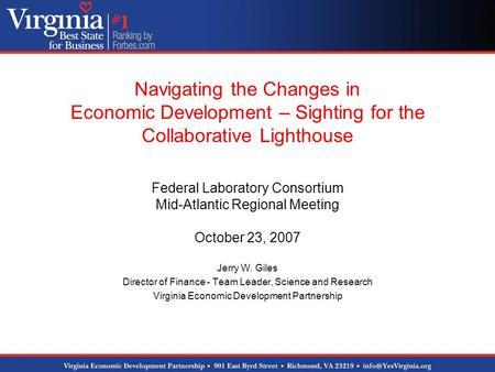 Navigating the Changes in Economic Development – Sighting for the Collaborative Lighthouse Federal Laboratory Consortium Mid-Atlantic Regional Meeting.