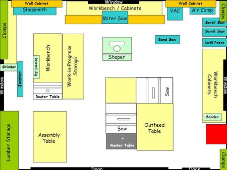 Window Door Shopsmith Lumber Storage Clamps Shaper Router Table Saw Router Table Drill Press Air Comp Scroll Saw Clamps VAC Assembly Table Workbench Work-in-Progress.