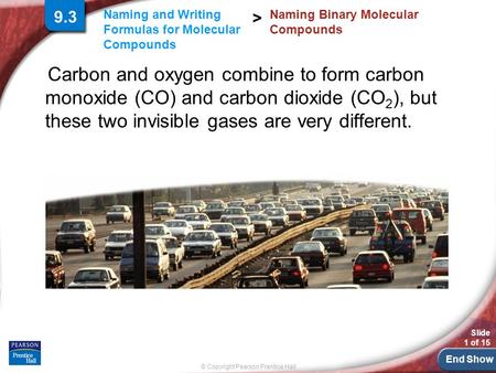 End Show Slide 1 of 15 © Copyright Pearson Prentice Hall Naming and Writing Formulas for Molecular Compounds > Carbon and oxygen combine to form carbon.