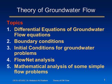 Theory of Groundwater Flow