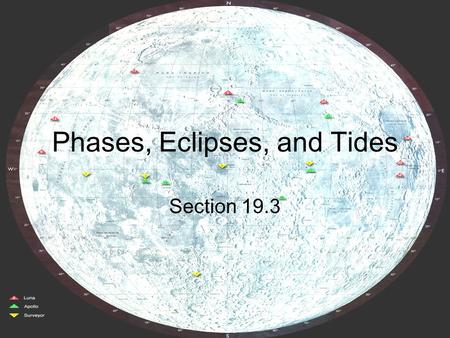 Phases, Eclipses, and Tides Section 19.3. Moon Motions Revolves around Earth once every 27.3 days Rotates around its axis once every 27.3 days Because.