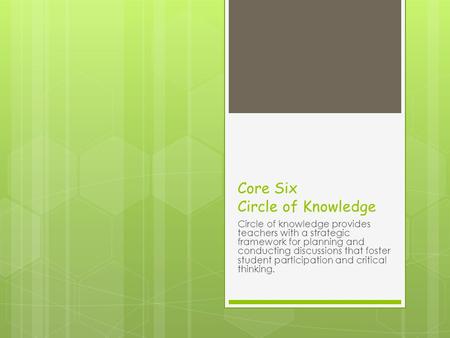 Core Six Circle of Knowledge Circle of knowledge provides teachers with a strategic framework for planning and conducting discussions that foster student.