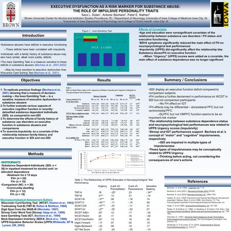 EXECUTIVE DYSFUNCTION AS A RISK MARKER FOR SUBSTANCE ABUSE: THE ROLE OF IMPULSIVE PERSONALITY TRAITS Sara L. Dolan 1, Antoine Bechara 2, Peter E. Nathan.