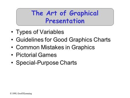 © 1998, Geoff Kuenning The Art of Graphical Presentation Types of Variables Guidelines for Good Graphics Charts Common Mistakes in Graphics Pictorial Games.