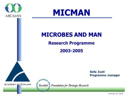 January 30, 2003 MICMAN MICROBES AND MAN Research Programme 2003-2005 Soile Juuti Programme manager.