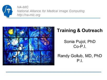 NA-MIC National Alliance for Medical Image Computing  Training & Outreach Sonia Pujol, PhD Co-P.I. Randy Gollub, MD, PhD P.I.