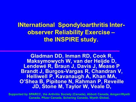 INternational Spondyloarthritis Inter- observer Reliability Exercise – the INSPIRE study. Gladman DD, Inman RD, Cook R, Maksymowych W, van der Heijde D,