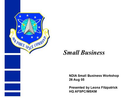 NDIA Small Business Workshop 26 Aug 05 Presented by Leona Fitzpatrick HQ AFSPC/MSKM Small Business.