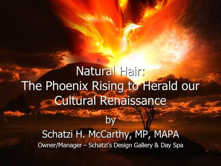 Natural Hair: The Phoenix Rising to Herald our Cultural Renaissance by Schatzi H. McCarthy, MP, MAPA Owner/Manager – Schatzi’s Design Gallery & Day Spa.