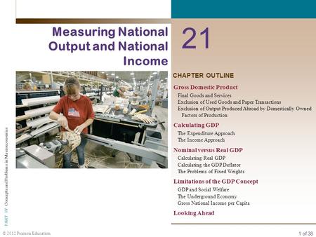 1 of 38 © 2012 Pearson Education PART IV Concepts and Problems in Macroeconomics CHAPTER OUTLINE 21 Measuring National Output and National Income Gross.