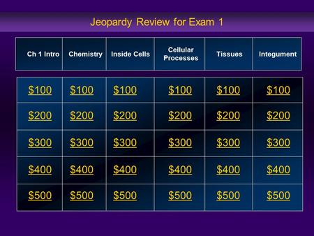 Jeopardy Review for Exam 1 $100 $200 $300 $400 $500 $100$100$100 $200 $300 $400 $500 Ch 1 IntroChemistry Inside Cells Tissues Integument $100 $200 $300.