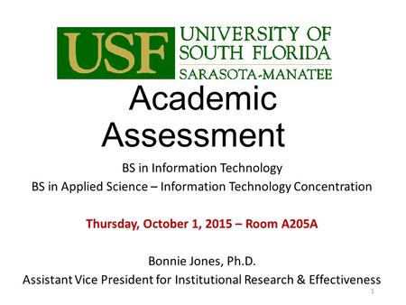 Academic Assessment BS in Information Technology BS in Applied Science – Information Technology Concentration Thursday, October 1, 2015 – Room A205A Bonnie.