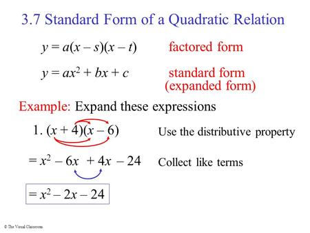 © The Visual Classroom 3.7 Standard Form of a Quadratic Relation y = a(x – s)(x – t)factored form y = ax 2 + bx + cstandard form (expanded form) Example: