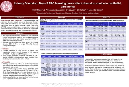 Urinary Diversion: Does RARC learning curve affect diversion choice in urothelial carcinoma PG O’Malley 1, B Al Hussein Al Awamlh 1, DP Nguyen 1, BM Faltas.