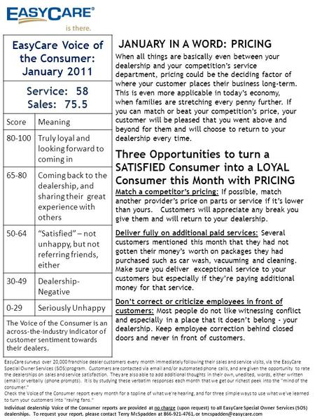 Three Opportunities to turn a SATISFIED Consumer into a LOYAL Consumer this Month with PRICING Match a competitor’s pricing: If possible, match another.