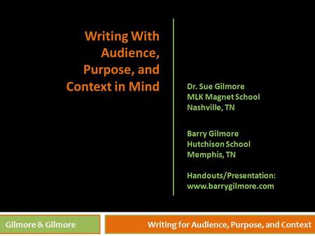 10/21/20151 Gilmore & GilmoreWriting for Audience, Purpose, and Context Barry Gilmore Hutchison School Memphis, TN Handouts/Presentation: www.barrygilmore.com.