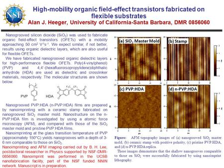 Nanogrooved silicon dioxide (SiO 2 ) was used to fabricate organic field-effect transistors (OFETs) with a mobility approaching 50 cm 2 V -1 s -1. We expect.