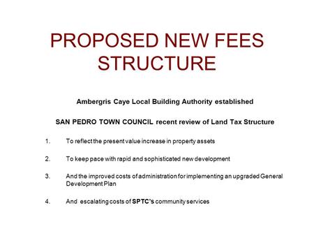 PROPOSED NEW FEES STRUCTURE Ambergris Caye Local Building Authority established SAN PEDRO TOWN COUNCIL recent review of Land Tax Structure 1.To reflect.