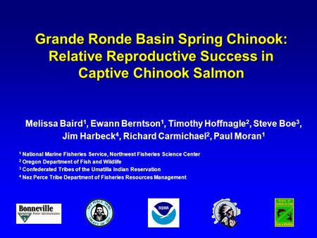 Grande Ronde Basin Spring Chinook: Relative Reproductive Success in Captive Chinook Salmon Melissa Baird 1, Ewann Berntson 1, Timothy Hoffnagle 2, Steve.