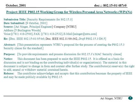 October, 2001 doc:.: 802.15-01/487r0 Ari Singer, NTRU 1 Project: IEEE P802.15 Working Group for Wireless Personal Area Networks (WPANs) Submission Title: