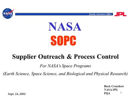 1 Quality Assurance Office Supplier Outreach & Process Control For NASA’s Space Programs (Earth Science, Space Science, and Biological and Physical Research)