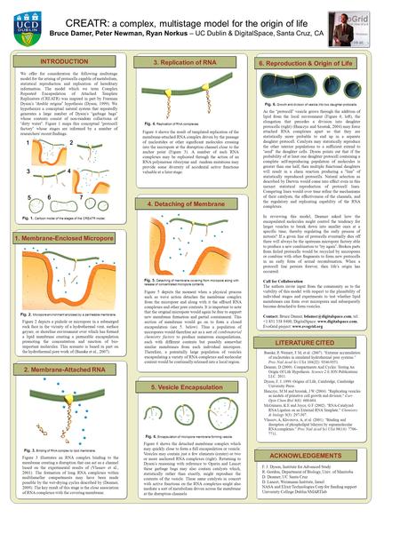 CREATR: a complex, multistage model for the origin of life Bruce Damer, Peter Newman, Ryan Norkus – UC Dublin & DigitalSpace, Santa Cruz, CA 1. Membrane-Enclosed.