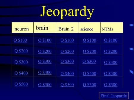 Jeopardy neuron brain Brain 2 scienceNTMs Q $100 Q $200 Q $300 Q $400 Q $500 Q $100 Q $200 Q $300 Q $400 Q $500 Final Jeopardy.