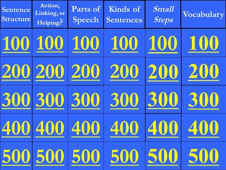 Sentence Structure Action, Linking, or Helping ? Parts of Speech Kinds of Sentences Vocabulary 300 400 500 100 200 300 400 500 100 200 300 400 500 100.