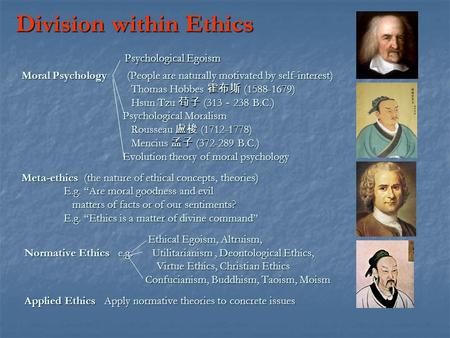 Division within Ethics Psychological Egoism Moral Psychology (People are naturally motivated by self-interest) Thomas Hobbes 霍布斯 (1588-1679) Hsun Tzu 荀子.