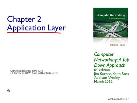 Application Layer 2-1 Chapter 2 Application Layer Computer Networking: A Top Down Approach 6 th edition Jim Kurose, Keith Ross Addison-Wesley March 2012.