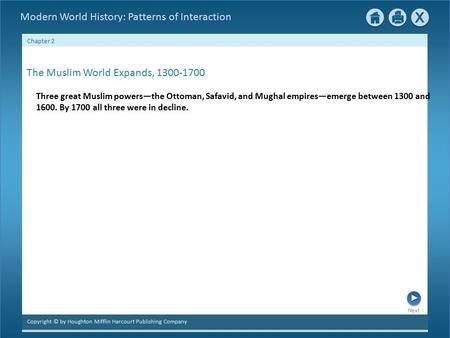 Next Chapter 2 Copyright © by Houghton Mifflin Harcourt Publishing Company Modern World History: Patterns of Interaction Three great Muslim powers—the.