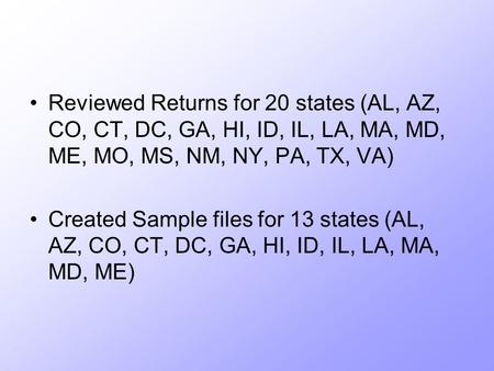 Reviewed Returns for 20 states (AL, AZ, CO, CT, DC, GA, HI, ID, IL, LA, MA, MD, ME, MO, MS, NM, NY, PA, TX, VA) Created Sample files for 13 states (AL,