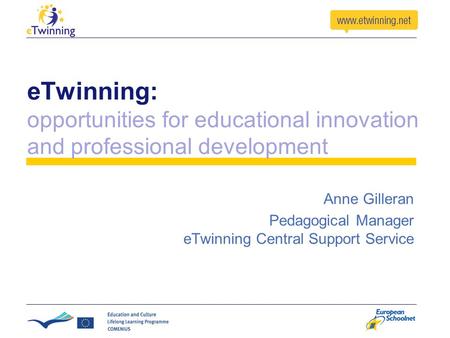 ETwinning: opportunities for educational innovation and professional development Anne Gilleran Pedagogical Manager eTwinning Central Support Service.