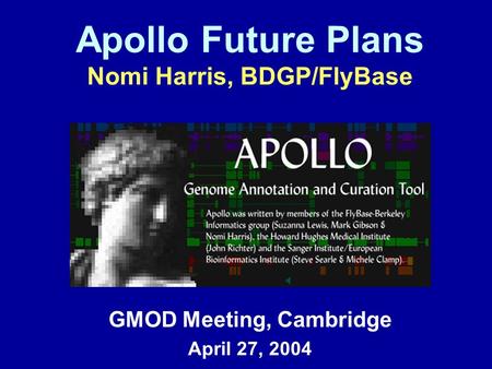 Apollo Future Plans Nomi Harris, BDGP/FlyBase GMOD Meeting, Cambridge April 27, 2004.