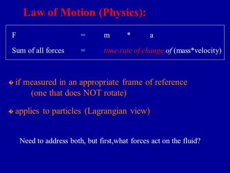 Law of Motion (Physics): � if measured in an appropriate frame of reference (one that does NOT rotate) Sum of all forces=time-rate of change of (mass*velocity)