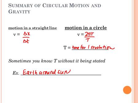 S UMMARY OF C IRCULAR M OTION AND G RAVITY motion in a straight line motion in a circle v = v = T = ________________ Sometimes you know T without it being.