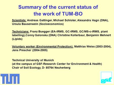 Summary of the current status of the work of TUM-BO Scientists: Andreas Gattinger, Michael Schloter, Alexandra Hagn (DNA), Ursula Bausenwein (Socioeconomics)