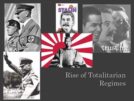 Rise of Totalitarian Regimes. Totalitarianism People are forced to do what the government tells them prevent from leaving the country Seeks to control.