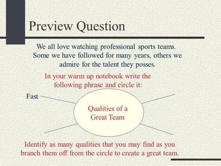 Preview Question We all love watching professional sports teams. Some we have followed for many years, others we admire for the talent they posses. In.