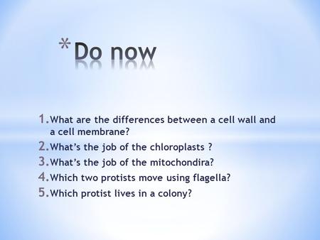 1. What are the differences between a cell wall and a cell membrane? 2. What’s the job of the chloroplasts ? 3. What’s the job of the mitochondira? 4.