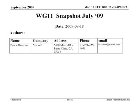 Doc.: IEEE 802.11-09/0990r1 Submission September 2009 Bruce Kraemer (Marvell)Slide 1 WG11 Snapshot July ‘09 Date: 2009-09-18 Authors: