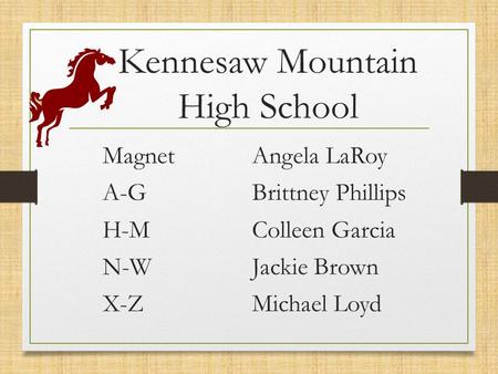 Kennesaw Mountain High School Magnet A-G H-M N-W X-Z Angela LaRoy Brittney Phillips Colleen Garcia Jackie Brown Michael Loyd.