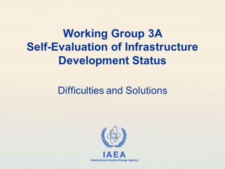 IAEA International Atomic Energy Agency Working Group 3A Self-Evaluation of Infrastructure Development Status Difficulties and Solutions.