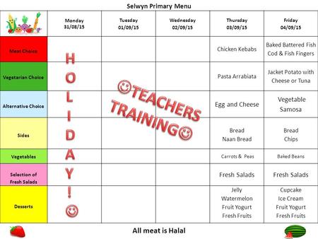 Monday 31/08/15 Tuesday 01/09/15 Wednesday 02/09/15 Thursday 03/09/15 Friday 04/09/15 Meat Choice Chicken Kebabs Baked Battered Fish Cod & Fish Fingers.