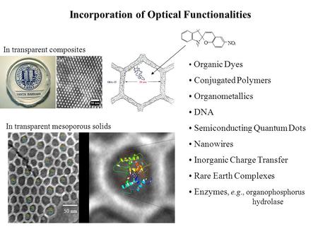 50 nm Incorporation of Optical Functionalities Organic Dyes Conjugated Polymers Organometallics DNA Semiconducting Quantum Dots Nanowires Inorganic Charge.