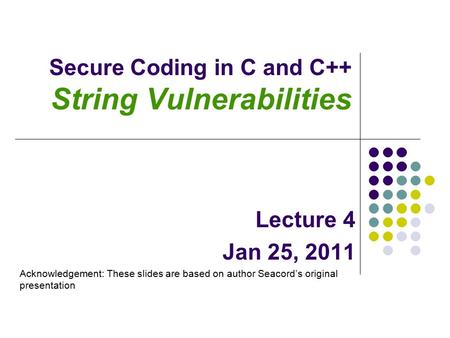 Secure Coding in C and C++ String Vulnerabilities Lecture 4 Jan 25, 2011 Acknowledgement: These slides are based on author Seacord’s original presentation.