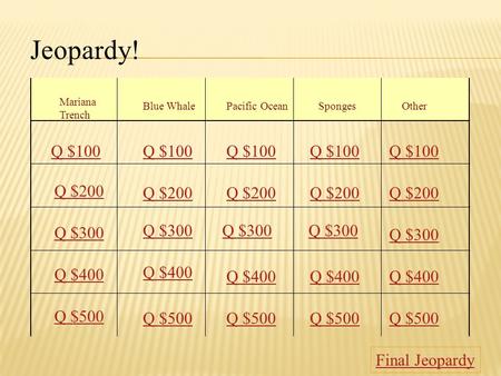 Q $100 Q $200 Q $300 Q $400 Q $500 Q $100 Q $200 Q $300 Q $400 Q $500 Final Jeopardy Mariana Trench Blue WhalePacific OceanSpongesOther Jeopardy!