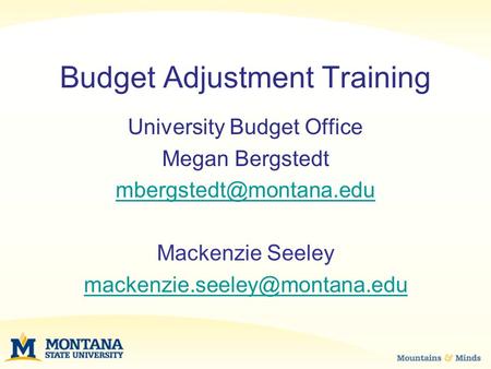 Budget Adjustment Training University Budget Office Megan Bergstedt Mackenzie Seeley